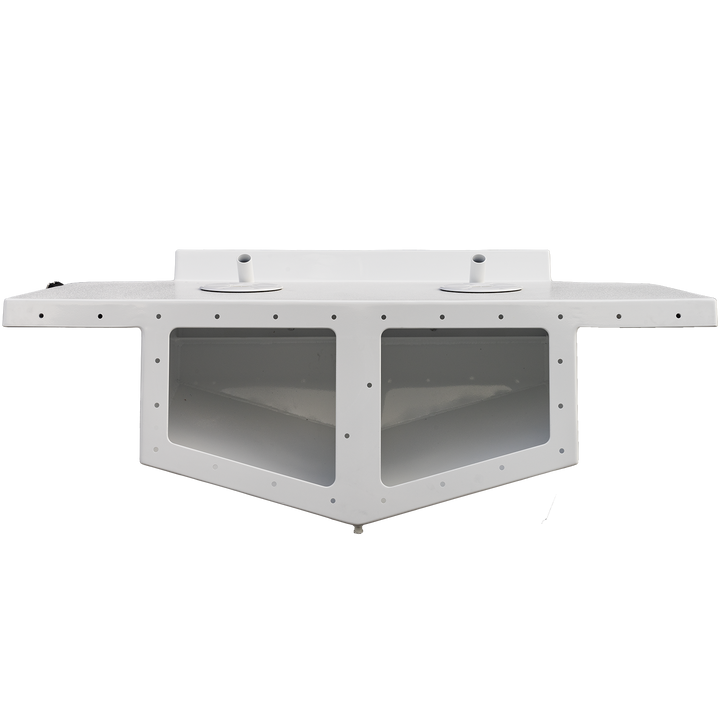 A Seacraft 23 twin engine high flotation bracket, featuring a sturdy design with two transparent compartments, mounted on a black and transparent background