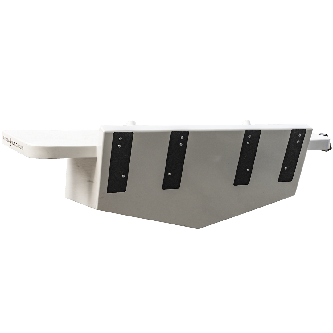 A Seacraft 23 twin engine high flotation bracket, featuring a white exterior with black mounting pads, designed for enhanced stability and support for twin engines on a boat. The bracket has a sleek, angular shape and is shown against a transparent background