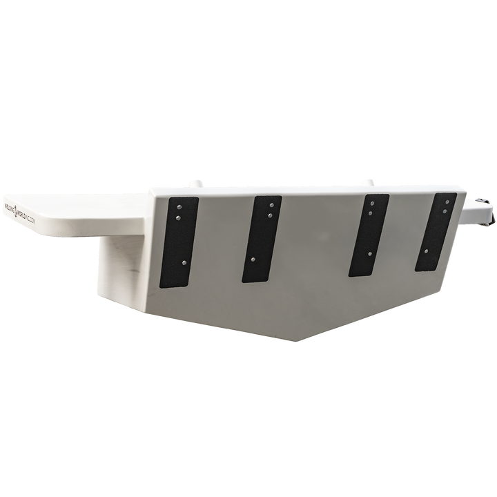A Seacraft 23 twin engine high flotation bracket, featuring a white exterior with black mounting pads, designed for enhanced stability and support for twin engines on a boat. The bracket has a sleek, angular shape and is shown against a transparent background