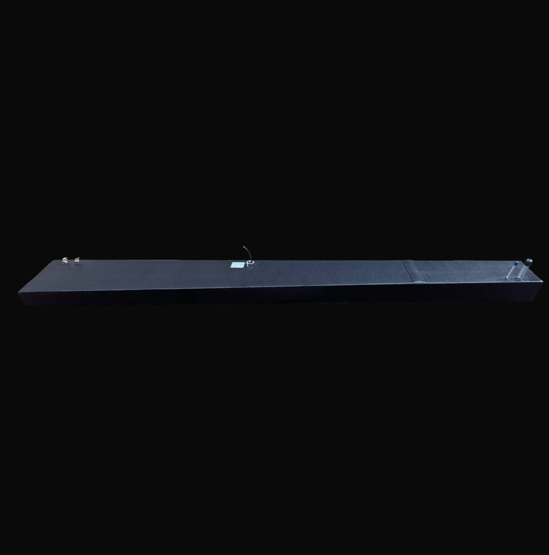 High-angle view of the Seacraft 32 replacement fuel tank (150 gal), displaying the complete 152.5-inch length. This perspective highlights the layout of the top-mounted fuel sender, pickup, and fill fittings on the black-coated marine aluminum surface.