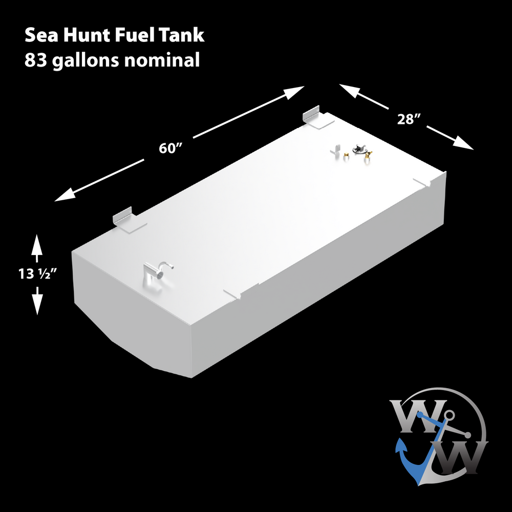 A diagram of a white Sea Hunt Fuel Tank, 83 gallons nominal, with dimensions of 60 inches in length, 28 inches in width, and 13 1/2 inches in height. Various fittings are visible on the top surface. The logo "W & W" with an anchor is in the bottom right corner