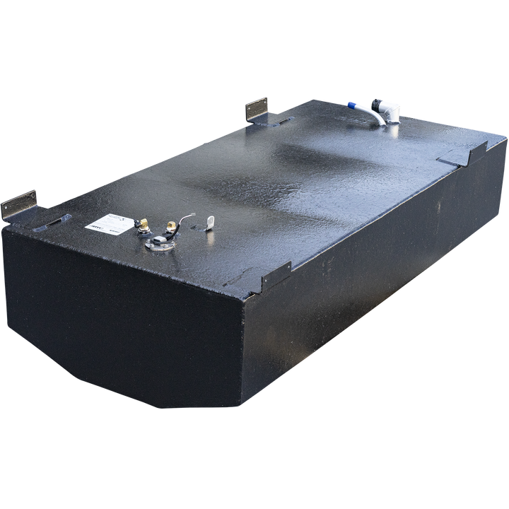 A rectangular, black SeaHunt 225 Ultra - 2015 - 83 gal. nominal OEM Replacement Belly Fuel Tank with a slightly rounded front edge. The top surface features several metal fittings, including a white and blue pipe assembly on the right and a circular fitting with multiple small pipes and wires on the left. Two metal brackets are attached to the front and back edges of the tank