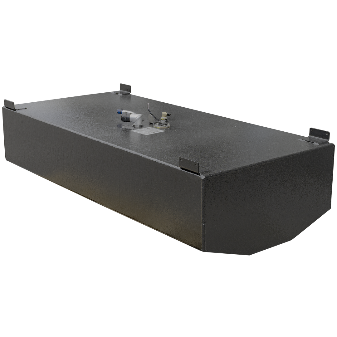 Photograph of a rectangular black metal fuel tank with a textured finish and welded seams. The tank features four mounting brackets, one on each corner of the top surface. On the top, there are various fittings, including a vent pipe with a blue cap, sensor wiring, and a capped opening. The background is transparent, clearly outlining the shape and features of the tank
