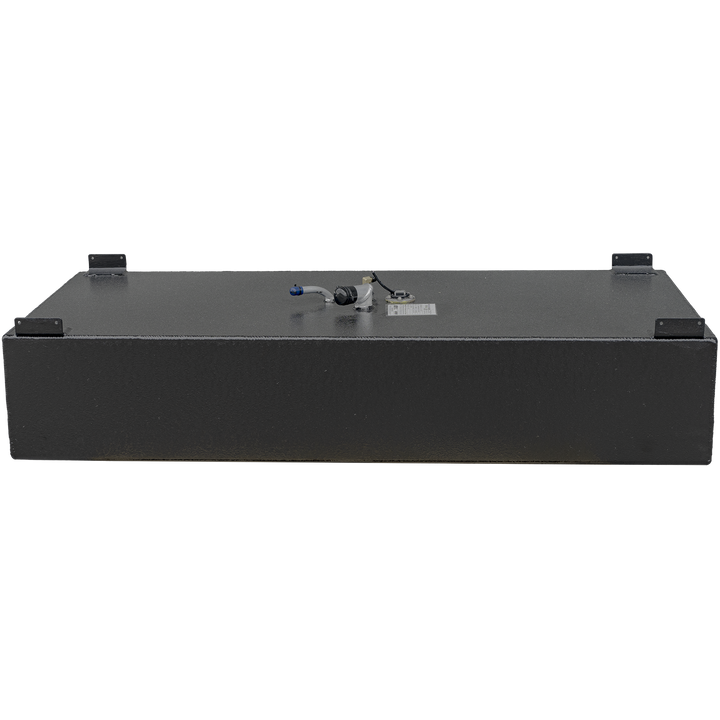 Front view of a black rectangular metal fuel tank with a textured finish and four welded mounting brackets, one at each corner on the top edge. The top surface shows a vent pipe capped in blue, a sensor with wiring, and another capped fitting. The background is transparent