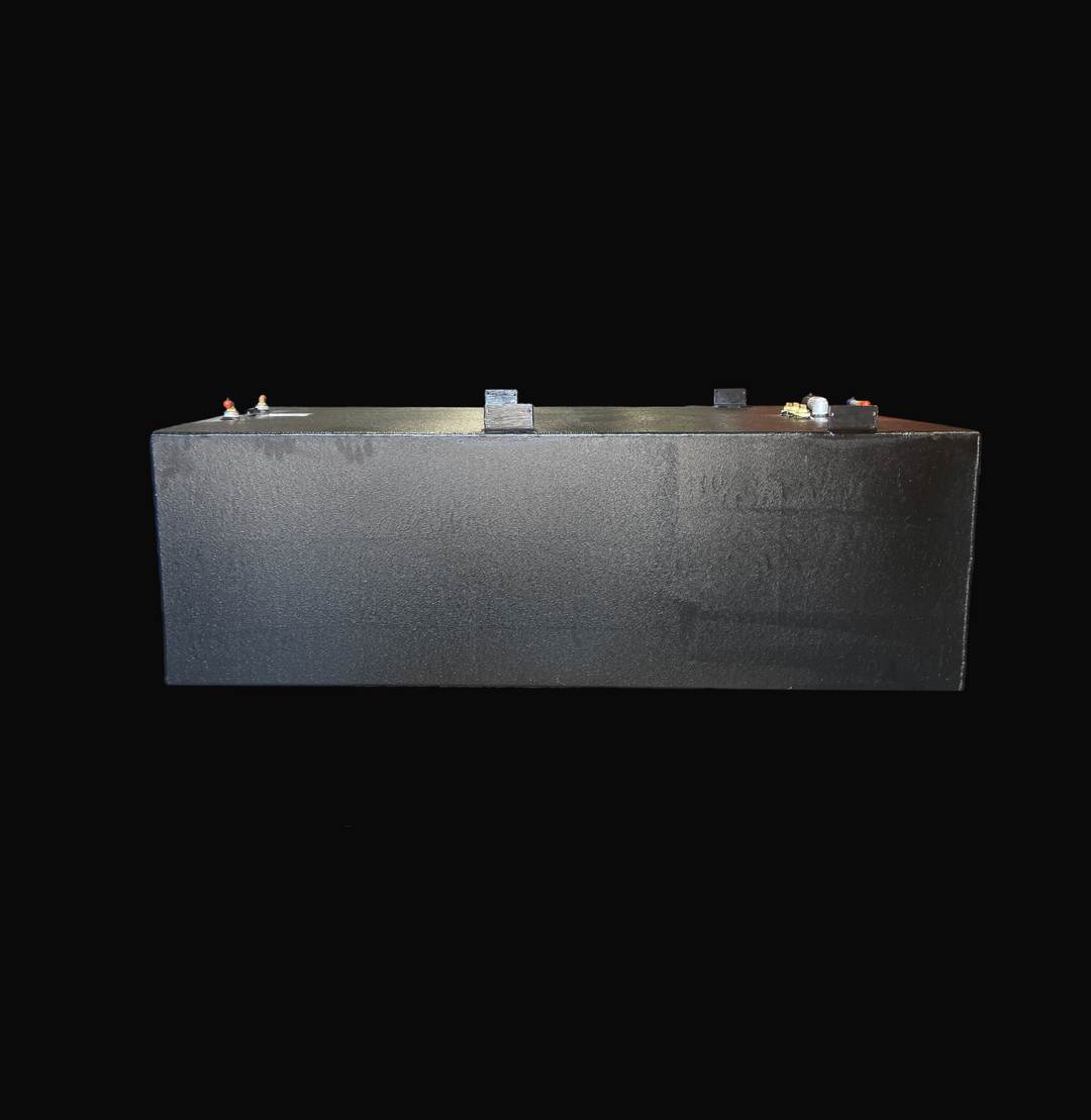 Side-elevation view of a 232-gallon Seaswirl Striper 270 (2006) replacement fuel tank coated in protective black Coal Tar Epoxy. This heavy-duty marine-grade .190" aluminum tank features integrated mounting tabs and top-mounted fuel fittings, precision-engineered to provide a guaranteed 100% drop-in fit for offshore marine environments.
