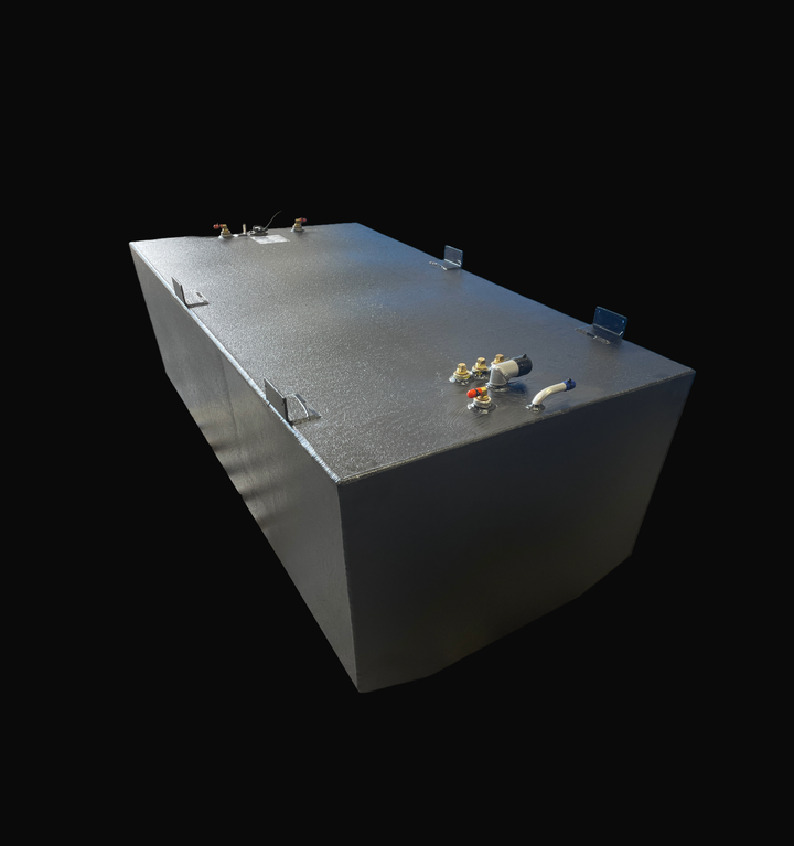 High-angle perspective of a 232-gallon Seaswirl Striper 270 (2006) replacement fuel tank featuring a rugged black Coal Tar Epoxy finish. The image showcases the heavy-duty .190" marine-grade aluminum construction, precision-welded mounting tabs, and a variety of high-quality 316 stainless steel fuel fittings and sensors, all engineered for a guaranteed 100% drop-in fit.