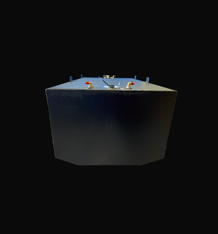 Rear-angle view of a 232-gallon Seaswirl Striper 270 replacement fuel tank featuring a high-durability black Coal Tar Epoxy finish. The image showcases the precision-engineered .190" marine-grade aluminum construction with integrated mounting tabs and top-mounted 316 stainless steel fuel fittings. This 2006 OEM replacement is designed with a specialized hull-contoured bottom to ensure a guaranteed 100% drop-in fit.