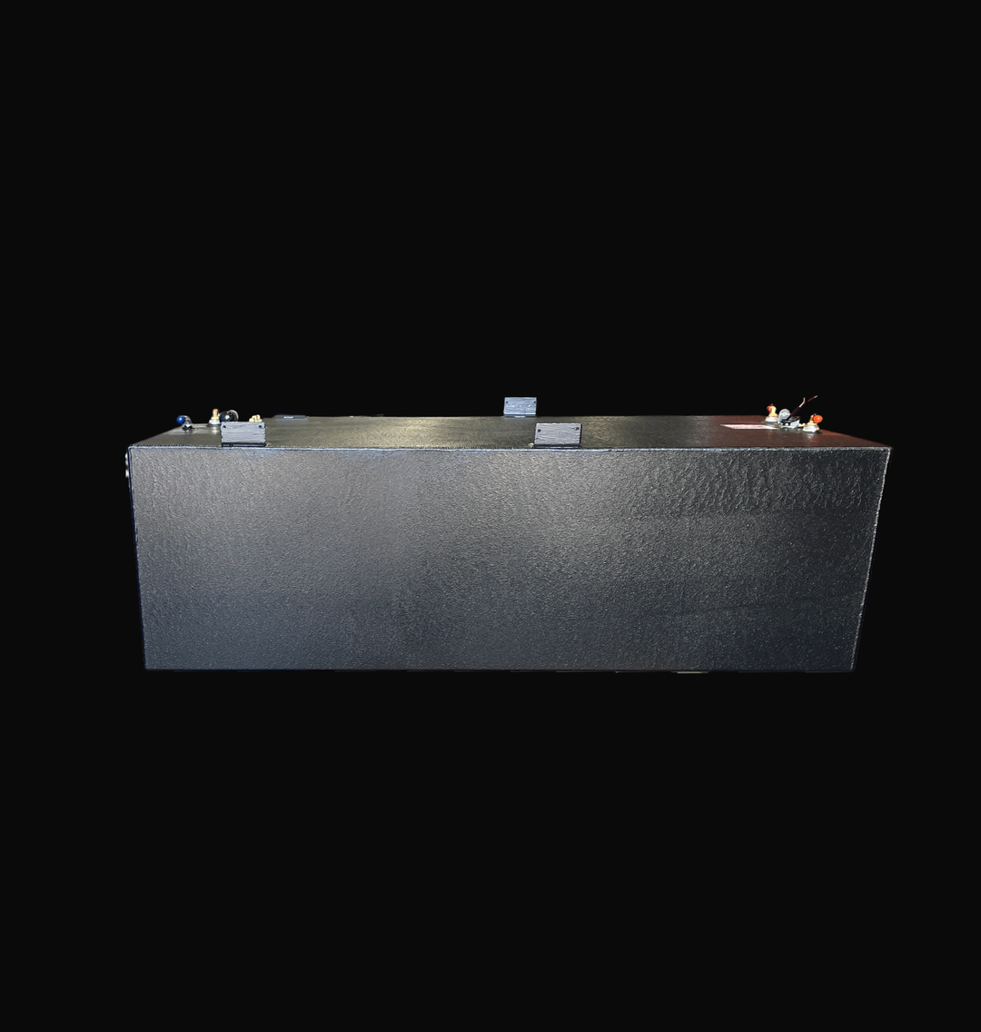 Side-profile view of a 232-gallon Seaswirl Striper 270 replacement fuel tank with a protective black Coal Tar Epoxy coating. The image highlights the heavy-duty .190" marine-grade aluminum construction and integrated mounting tabs. This 2006 OEM replacement is engineered for maximum corrosion resistance and a guaranteed 100% drop-in fit for offshore fishing applications.