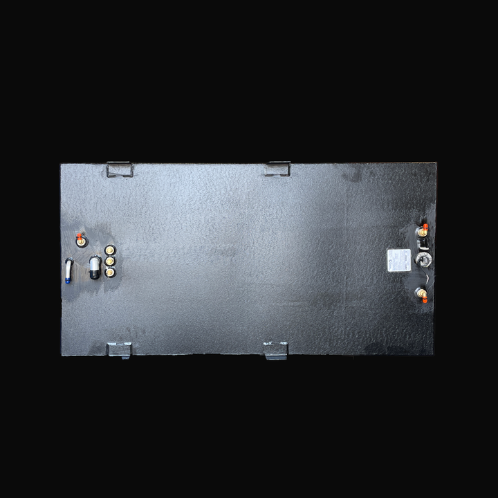 Top-down view of a 232-gallon Seaswirl Striper 270 replacement fuel tank featuring a corrosion-resistant black Coal Tar Epoxy finish. The layout highlights the precision-placed 316 stainless steel fuel pickups, fill, and vent fittings, along with an integrated KUS fuel level sender. Built from .190" marine-grade aluminum, this 2006 OEM replacement includes four heavy-duty mounting tabs for a secure, 100% guaranteed fit.