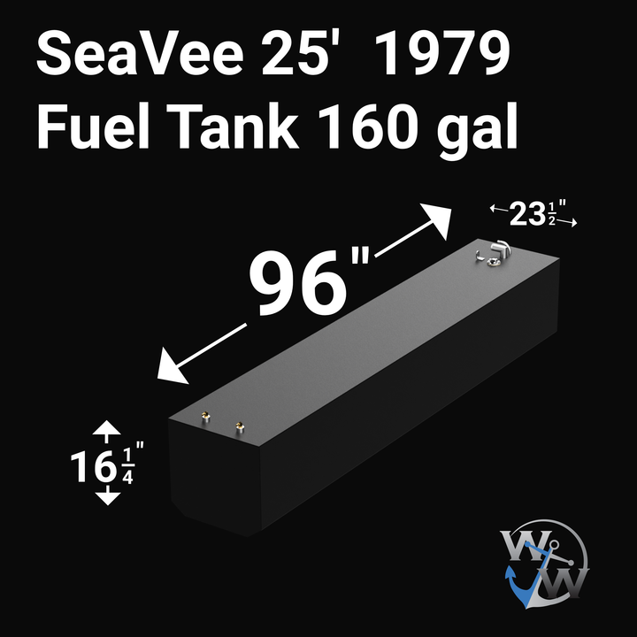 Isometric rear-left view of a black 160-gallon marine fuel tank designed for the SeaVee 25' (1979). Dimensions are labeled: 96 inches in length, 23 1/2 inches in width, and 16 1/4 inches in height. The tank features two brass ports near the rear and a fuel fitting cluster at the front-right corner. The Welding World logo is displayed in the bottom-right corner.