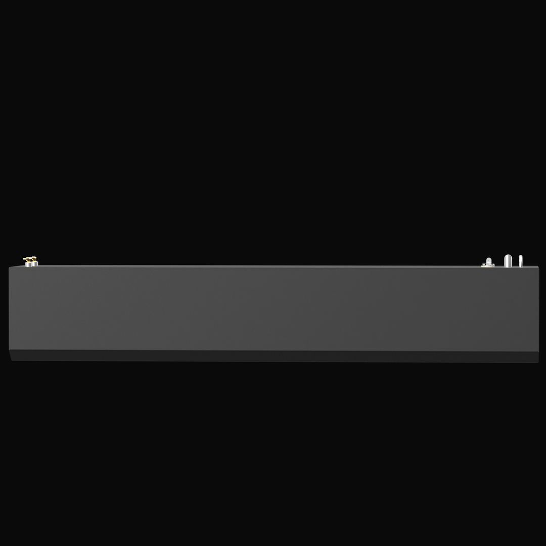 Side orthographic view of a black marine fuel tank for a SeaVee 25' (1979), 160-gallon capacity. The tank has a flat rectangular profile, with visible fittings at both ends—one brass port on the left and a metallic fitting assembly with elbows and vents on the right.