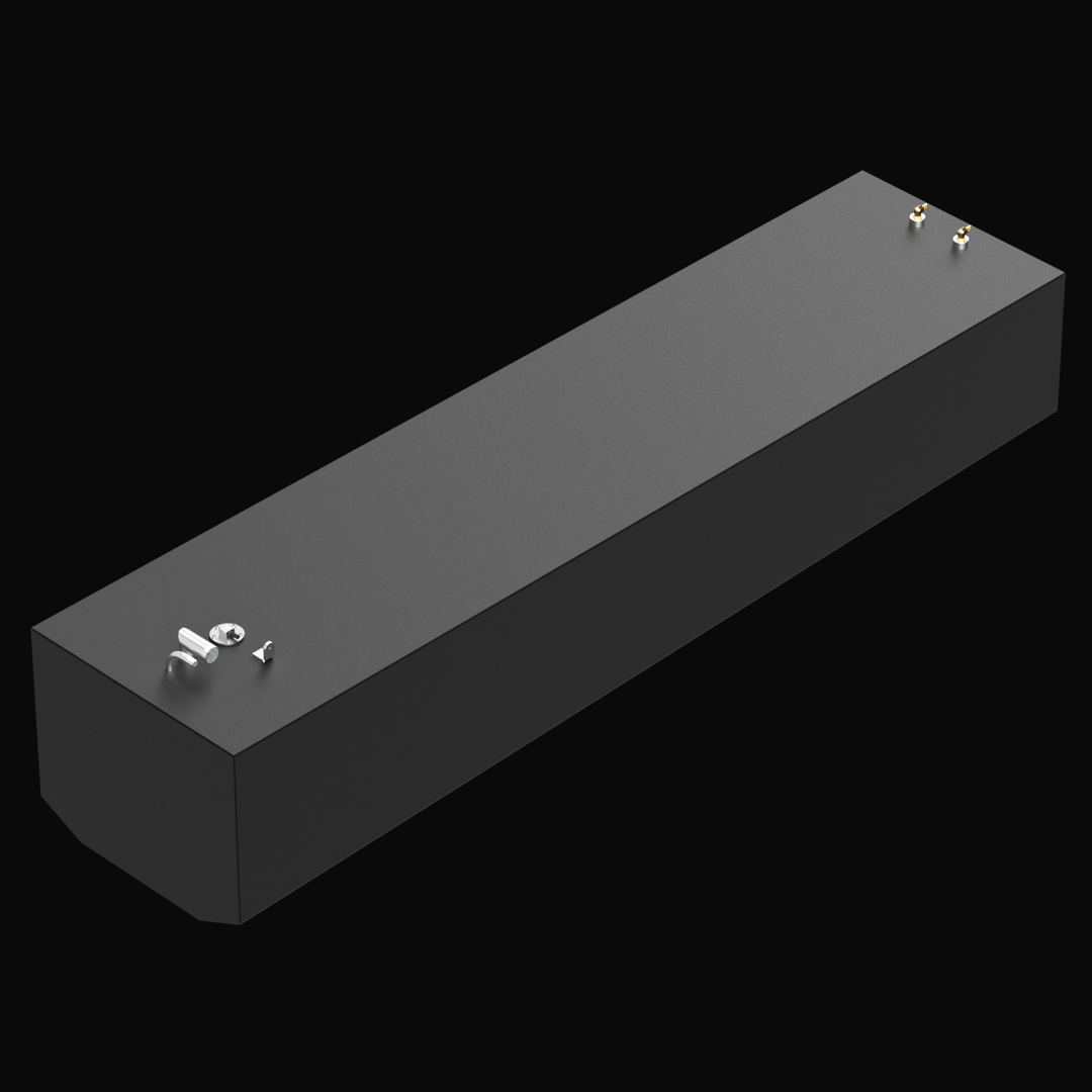 A 3D rendered view of a SeaVee 25 1981 model Built to OEM Specs fuel tank with a capacity of 160 gallons. The tank is rectangular with slightly angled corners and features fittings and mounting brackets on its top surface. The tank has a smooth matte dark gray finish