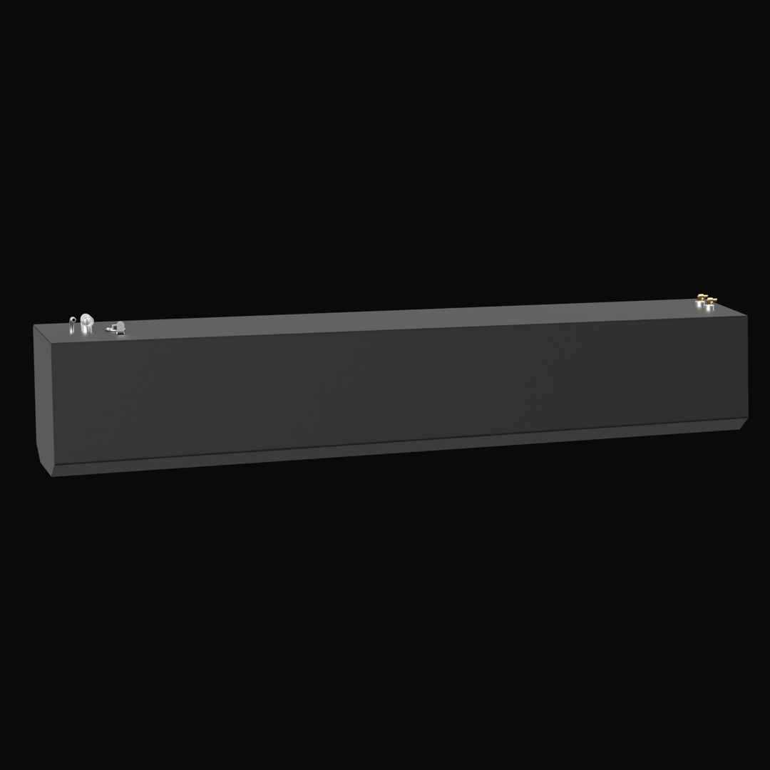 A 3D rendered model of a large rectangular marine fuel tank in black with beveled front corners. The tank features multiple fittings and components on the top surface, including brass and silver pipe fittings positioned at both the front-left and rear-right corners. The tank is shown on a plain white background, viewed from a slight front-left angle