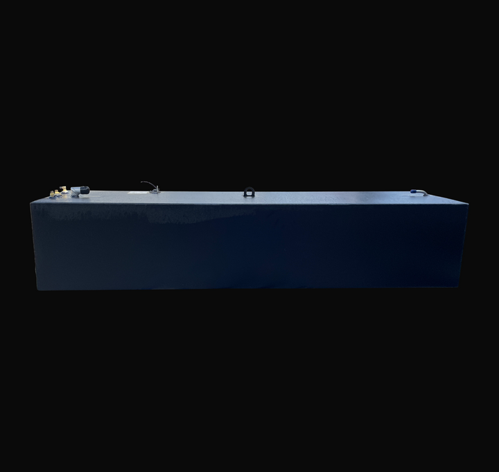 A full side profile elevation view of the SeaVee 25 main replacement marine fuel tank, showcasing its clean, elongated rectangular profile and rugged black TarGard epoxy finish for superior corrosion protection. This angle highlights the complete hardware alignment across the top deck: brass pickups and the fuel fill neck on the left, an integrated fuel level sending unit, a heavy-duty center lifting eye hook, and a dedicated ventilation port on the far right. Precision-fabricated from heavy-duty marine-gra