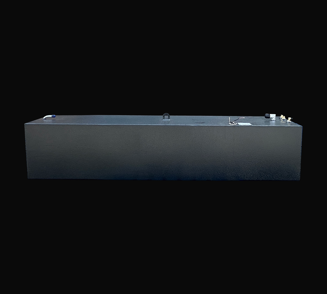 A full side elevation view of the opposite side of the SeaVee 25 main replacement marine fuel tank, displaying its smooth rectangular profile and heavy-duty marine-grade 5052-H32 aluminum build. The entire surface is coated with a high-performance black TarGard epoxy finish to prevent corrosion from trapped bilge moisture. The hardware configuration along the top deck mirrors the layout with the ventilation tube on the far left, a centralized heavy-duty lifting loop, an electronic fuel level sending unit, a