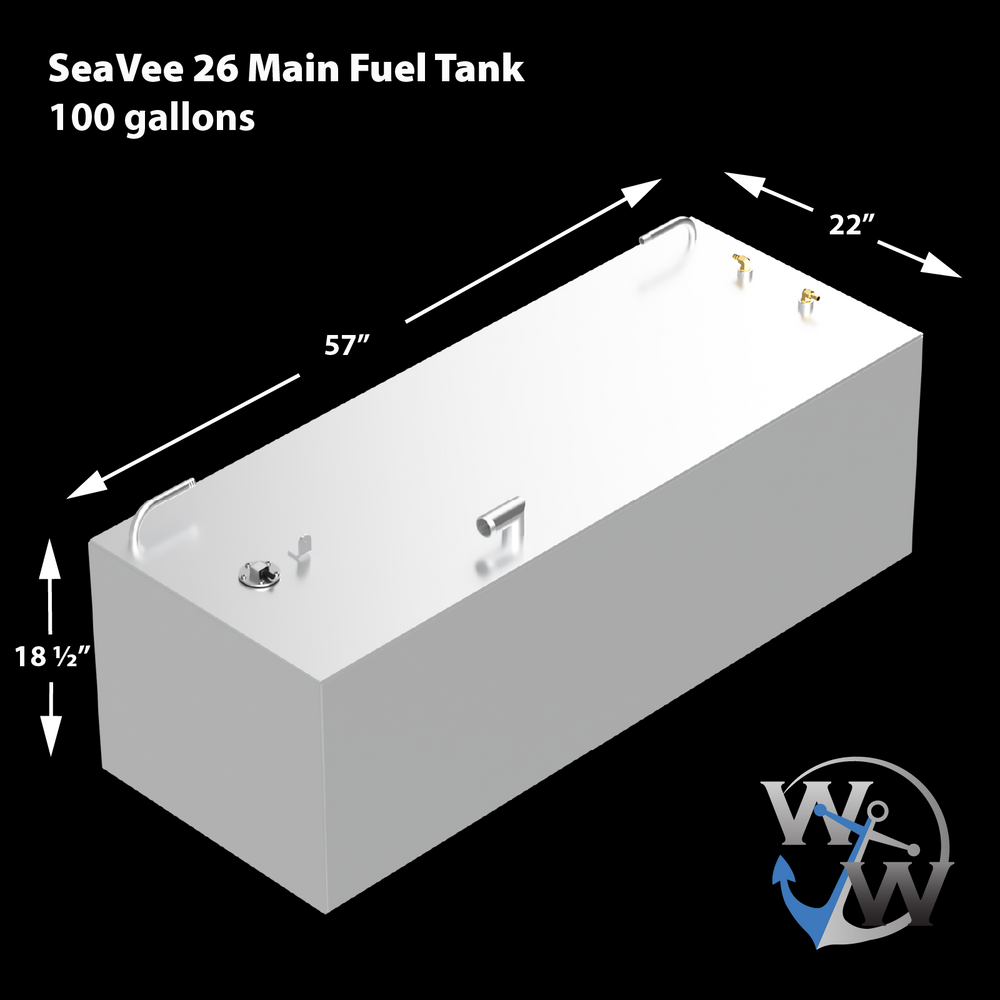 Diagram of a SeaVee 26' OEM replacement fuel tank kit, featuring a 100-gallon main fuel tank with dimensions of 57 inches in length, 22 inches in width, and 18.5 inches in height, shown from an angled top view