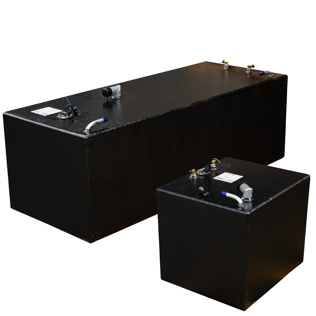 OEM replacement fuel tank kit for SeaVee 26' boats, featuring two tanks: a large 100-gallon tank and a smaller 33-gallon tank, both with fittings and a sleek black finish