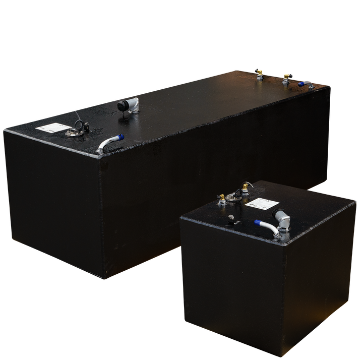 OEM replacement fuel tank kit for SeaVee 26' boats, featuring two tanks: a large 100-gallon tank and a smaller 33-gallon tank, both with fittings and a sleek black finish