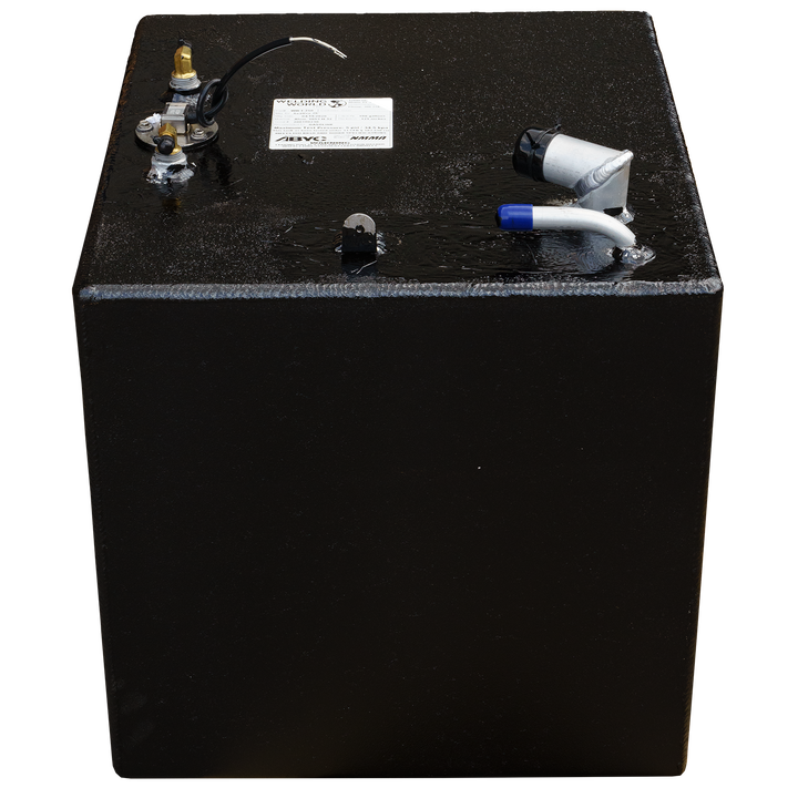 OEM replacement fuel tank kit for SeaVee 26' boat, featuring a dual-tank combo with capacities of 100 gallons and 33 gallons, showcasing a black rectangular tank with fuel fittings and a label on top