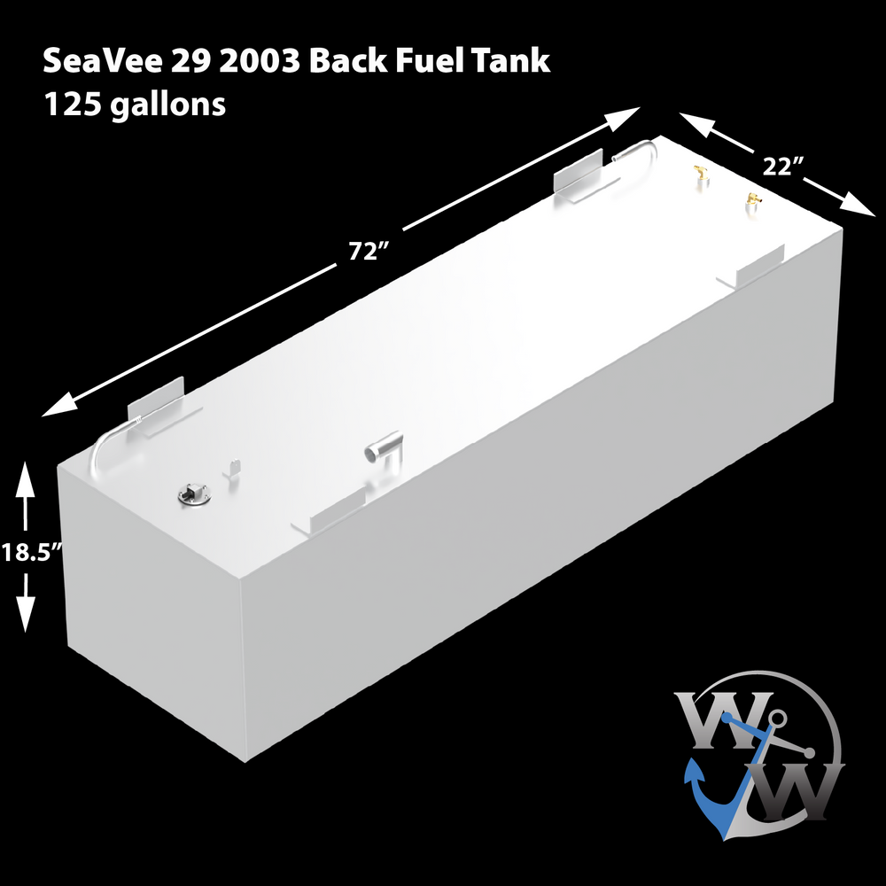 A silver SeaVee 29 2003 Back Fuel Tank with a capacity of 125 gallons. Dimensions are indicated by arrows: 72 inches long, 22 inches wide, and 18.5 inches high. Various fittings and mounting brackets are visible on the top surface of the tank. The logo "W W" with a blue anchor is in the bottom right corner against a black background