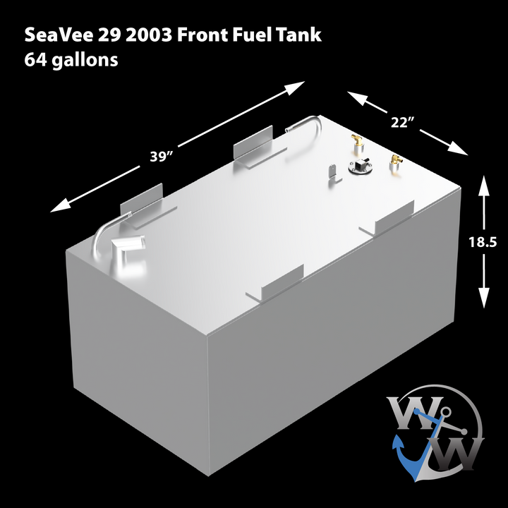 A silver SeaVee 29 2003 Front Fuel Tank with a capacity of 64 gallons. The image provides dimensions: 39 inches long, 22 inches wide, and 18.5 inches high. Various fittings, including brass-colored connectors and a circular cap, are present on the top surface. Mounting brackets are also visible along the sides. The logo "W W" with a blue anchor is in the bottom right corner against a black background