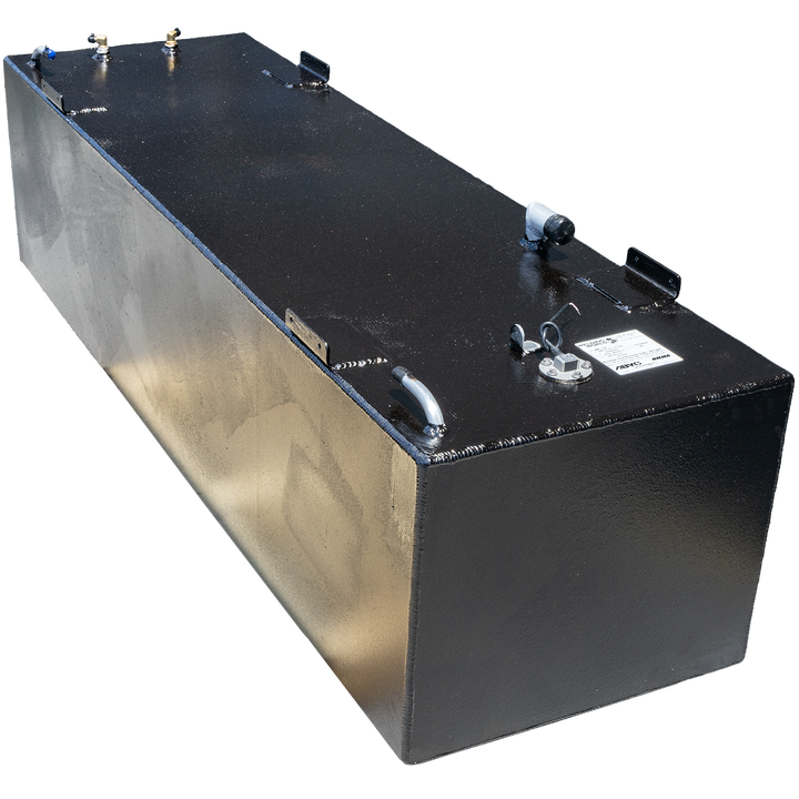  A black, rectangular fuel tank, possibly a SeaVee 29' 2003 back fuel tank, is shown at an angle against a checkerboard transparent background. The top surface of the tank has a textured appearance and features several metal fittings, including brass-colored connectors, a circular cap with a pull tab and wires, and various pipes, some of which are L-shaped