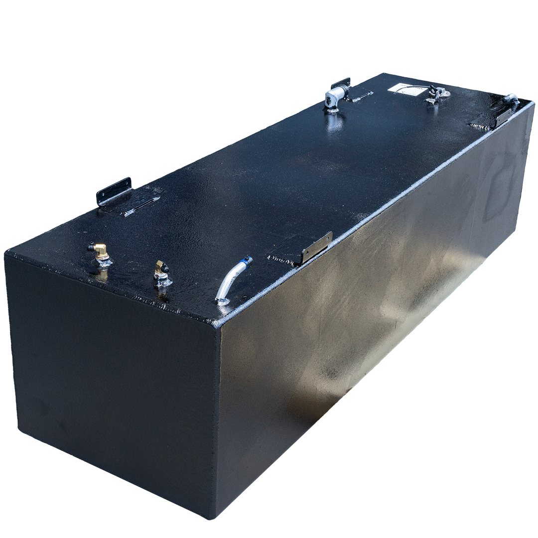 A rectangular, dark-colored fuel tank, possibly a SeaVee 29' 2003 front fuel tank, is shown at an angle against a checkerboard transparent background. The top surface of the tank has a textured appearance and features several metal fittings, including brass-colored connectors, a cylindrical pipe with a blue cap, and a white label near a circular opening