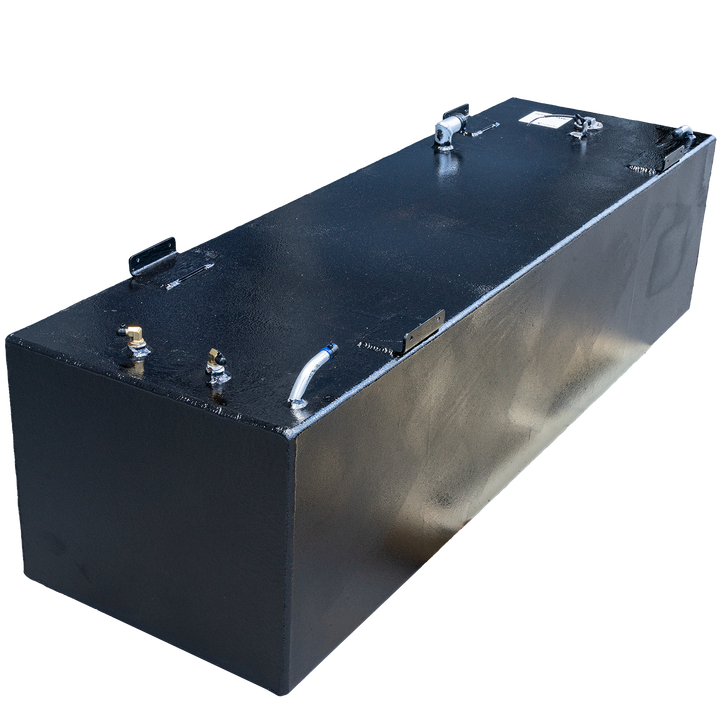 A rectangular, dark-colored fuel tank, possibly a SeaVee 29' 2003 front fuel tank, is shown at an angle against a checkerboard transparent background. The top surface of the tank has a textured appearance and features several metal fittings, including brass-colored connectors, a cylindrical pipe with a blue cap, and a white label near a circular opening