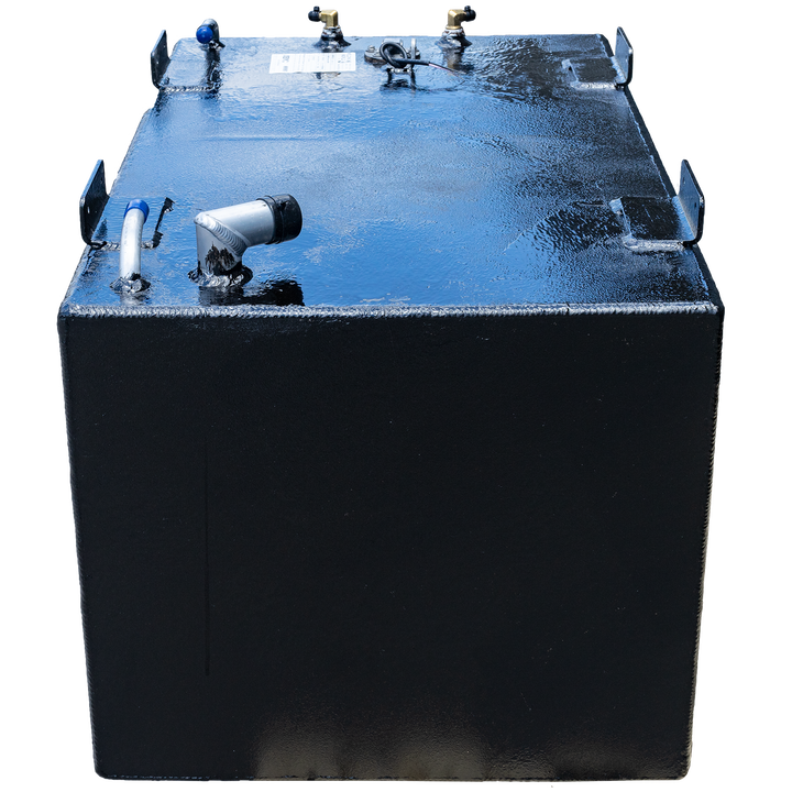 A black, rectangular fuel tank, possibly a SeaVee 29' 2003 front fuel tank, is shown against a checkerboard transparent background. The top surface of the tank has a textured, slightly wet or reflective appearance, and features several metal fittings: a white pipe with a blue cap, an L-shaped silver pipe with a black cap, two brass-colored connectors, and a circular cap with exposed wires. Several L-shaped mounting brackets are also visible along the edges