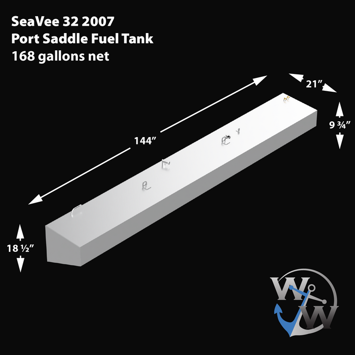 3D render of a long, narrow white marine fuel tank labeled 'SeaVee 32 2007 Port Saddle Fuel Tank 168 gallons net'. The tank features various fittings and mounts on top, with dimensions marked as 144 inches long, 21 inches wide, 18.5 inches tall on the left end, and 9.75 inches tall on the right end. The image background is black with the Welding World logo in the bottom right corner.