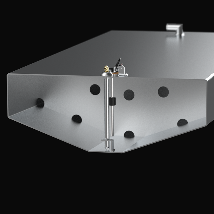 A technical cross-section 3D rendering of a shallow tapered marine aluminum fuel tank cutaway view, detailing the internal plumbing and sending unit architecture. The image focuses on the inner chamber of a shallow V-bottom hull-conforming fuel cell fabricated from raw marine-grade 5052-H32 aluminum, highlighting a structural internal baffle plate with multiple circular flow-through holes. The internal assembly details an aluminum pickup tube extending to a bottom-mounted anti-slosh foot bracket, which conn