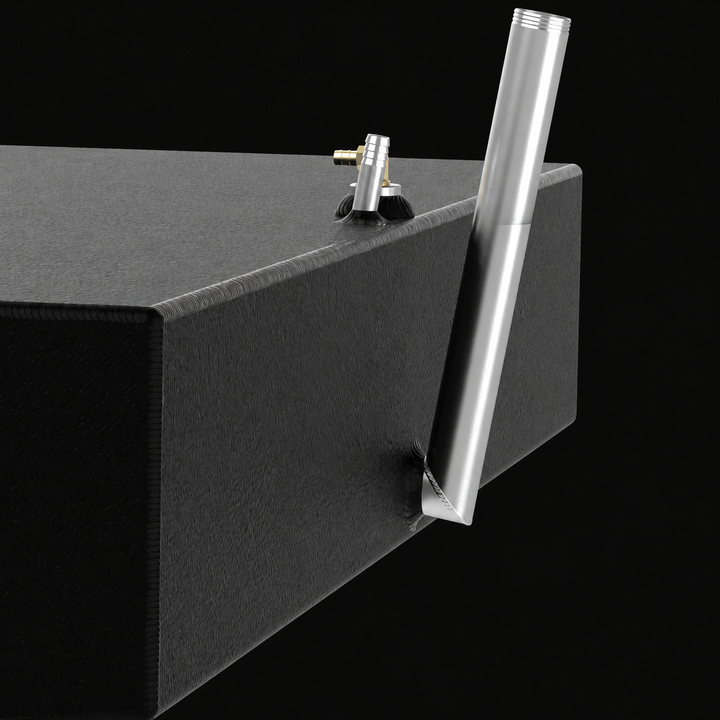 A close-up detailed view of the side-mounted hardware configuration on a black Shamrock 25-9 Saddle replacement marine fuel tank from file image_734e96.jpg, isolated against a black background. This macro perspective highlights the heavy-duty TIG welds securing a long, angled raw aluminum fuel fill neck that rises vertically past the top edge of the 52-gallon outboard fuel cell. Precision-fabricated by Welding World from heavy-gauge marine-grade 5052-H32 aluminum, the structural box body is completely encap
