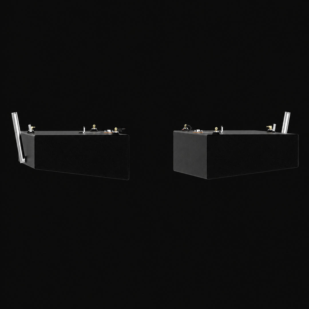 A low-angle straight perspective view of a pair of black Shamrock 25-9 Saddle (2-tank combo) replacement marine fuel tanks from file image_734e3a.jpg, isolated against a black background. This mirrored port and starboard matching pair highlights the clean rectangular cross-sectional profile of the 52-gallon outboard fuel cells, displaying a sharp longitudinal bottom-edge taper engineered by Welding World to align with the vessel's hull lines and sit flush within the side bilge cavities. Precision-fabricated