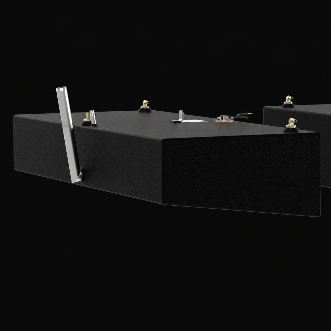 A low-angle three-quarter elevation profile view of a black Shamrock 25-9 Saddle replacement marine fuel tank from file image_7355fe.jpg, isolated against a black background. This perspective highlights the long, low-profile rectangular box geometry of the 52-gallon outboard fuel cell, precision-fabricated from heavy-gauge marine-grade 5052-H32 aluminum. The structural body is fully encapsulated in an anti-corrosive, textured black TarGard epoxy coating to shield the aluminum against pitting and saltwater c