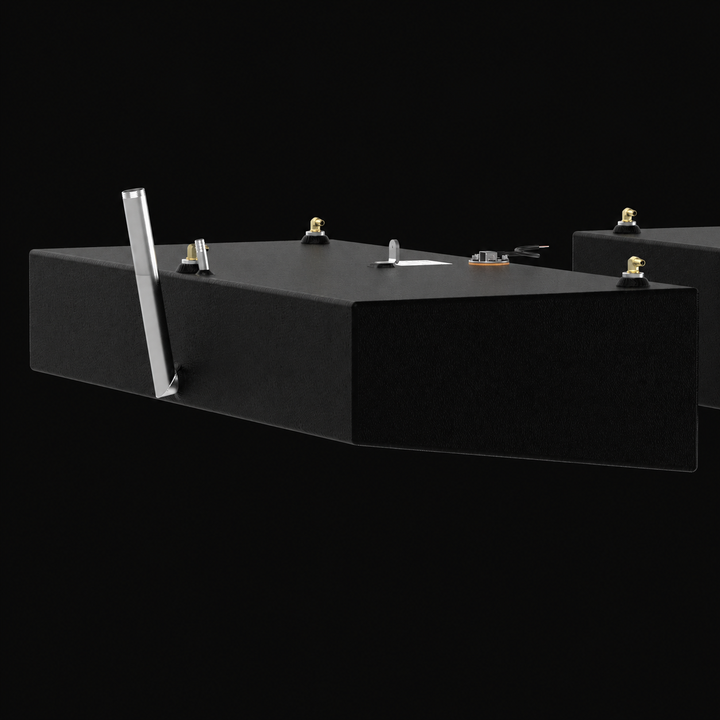 A low-angle three-quarter elevation profile view of a black Shamrock 25-9 Saddle replacement marine fuel tank from file image_7355fe.jpg, isolated against a black background. This perspective highlights the long, low-profile rectangular box geometry of the 52-gallon outboard fuel cell, precision-fabricated from heavy-gauge marine-grade 5052-H32 aluminum. The structural body is fully encapsulated in an anti-corrosive, textured black TarGard epoxy coating to shield the aluminum against pitting and saltwater c