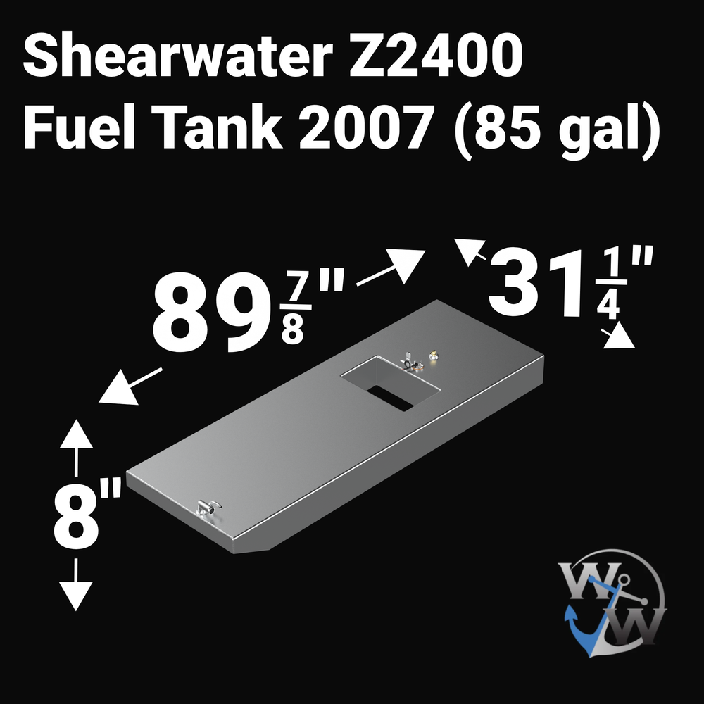 Dimensional technical diagram for a Shearwater Z2400 2007 replacement fuel tank with an 85-gallon capacity. The graphic displays precise measurements of 89 7/8" length, 31 1/4" width, and 8" height, showing the specialized center clearance cutout and tapered forward section. Fabricated from marine-grade 5052-H32 aluminum, this OEM replacement is engineered by Welding World for a guaranteed 100% drop-in fit.
