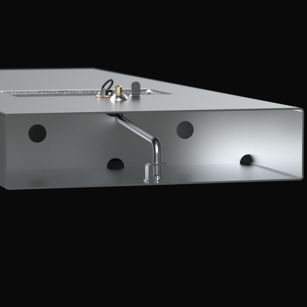 An internal cutaway cross-section view of a Shearwater Z2400 replacement fuel tank, highlighting the internal baffle system and aluminum fuel pickup tube structure. The graphic showcases the precision fabrication of the .190" marine-grade 5052-H32 aluminum tank wall. The engineered baffle walls feature strategic circular and semi-circular cutouts to control fuel sloshing, enhance hull stability, and ensure consistent fuel delivery for a guaranteed 100% drop-in fit OEM replacement.