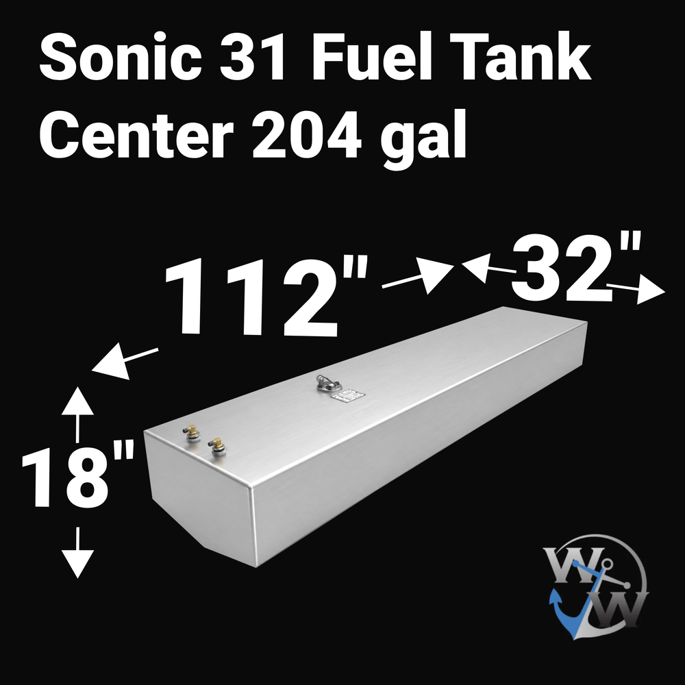 Dimensional technical drawing of a Sonic 31 Center replacement fuel tank with a 204-gallon capacity. The graphic shows precise measurements of 112" length, 32" width, and 18" height, featuring a tapered bottom for an exact hull fit. Built from .190" marine-grade aluminum, this OEM replacement includes top-mounted fuel pickups and a sending unit, engineered for a guaranteed 100% drop-in fit.