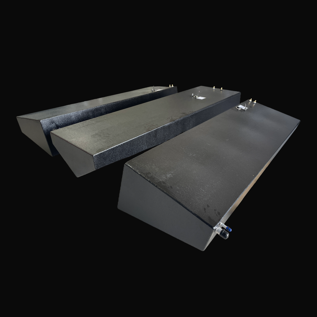 A complete three-piece Sonic 31 replacement fuel tank system featuring a high-durability black Coal Tar Epoxy finish. The set includes the primary 204-gallon center tank and dual 148-gallon port and starboard wing tanks, all custom-fabricated from heavy-duty .190" marine-grade aluminum. The image highlights the tapered hull-conforming geometry and precision-placed 316 stainless steel fittings, engineered for a guaranteed 100% drop-in fit.