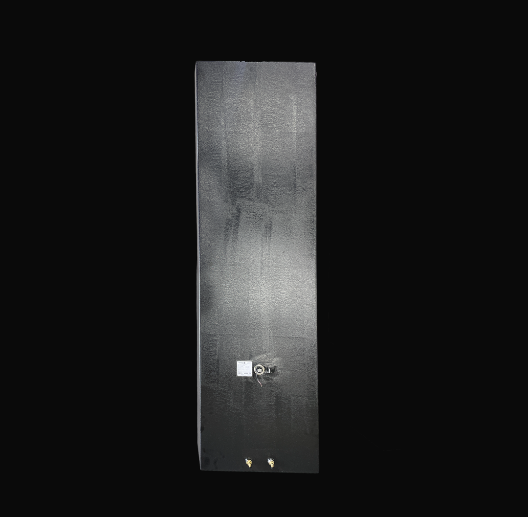 Vertical overhead shot of a Sonic 31 replacement fuel tank with a protective black Coal Tar Epoxy finish. The image clearly shows the ABYC/NMMA certification label, the integrated fuel sending unit, and two high-quality 316 stainless steel fuel fittings at the base. Fabricated from .190" marine-grade aluminum, this tank is engineered as a direct OEM replacement to ensure a guaranteed 100% drop-in fit for high-performance offshore vessels.