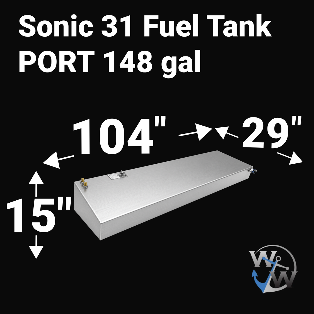 Dimensional technical drawing of a Sonic 31 Port replacement fuel tank with a 148-gallon capacity. The diagram provides exact measurements of 104" length, 29" width, and 15" height, specifically engineered with the tapered geometry required for a port-side hull fit. Constructed from heavy-duty .190" marine-grade aluminum, this OEM replacement includes top-mounted fuel pickups and an integrated sending unit for a guaranteed 100% drop-in fit.