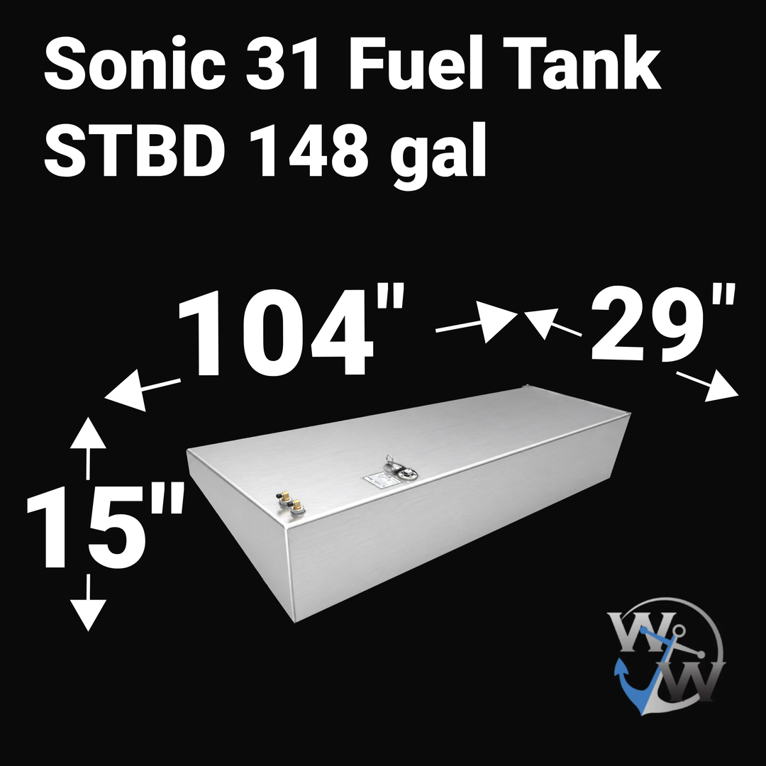 Dimensional technical drawing of a Sonic 31 Starboard (STBD) replacement fuel tank with a 148-gallon capacity. The diagram provides exact measurements of 104" length, 29" width, and 15" height, featuring the specific tapered geometry required for a starboard-side hull fit. Fabricated from .190" marine-grade aluminum, this OEM replacement includes a pre-installed sending unit and fuel pickups, ensuring a guaranteed 100% drop-in fit.