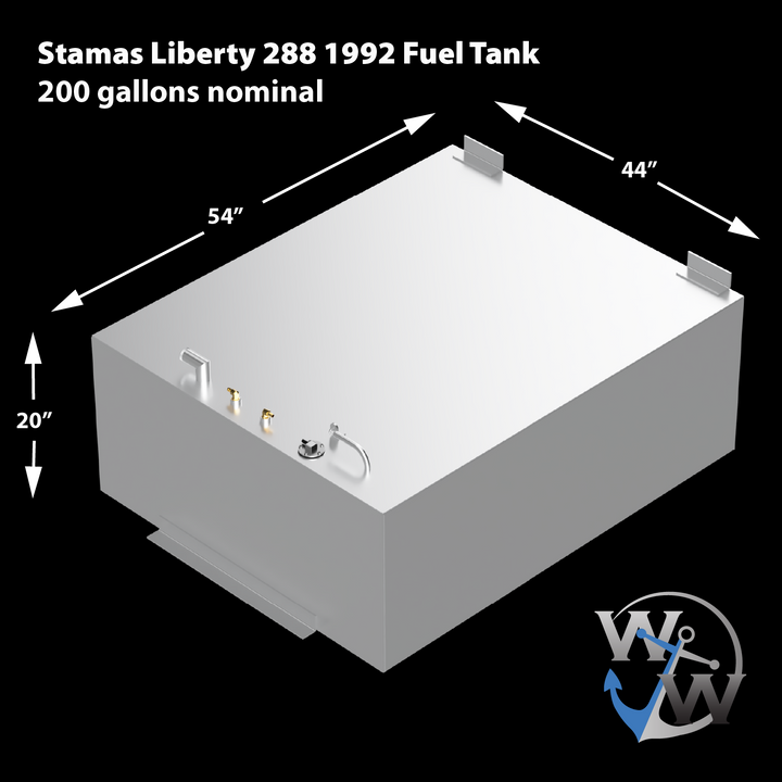 A diagram of a silver, rectangular fuel tank for a Stamas Liberty 288 1992, showing its dimensions: 54 inches in length, 44 inches in width, and 20 inches in height, with a nominal capacity of 200 gallons. Various fittings are visible on the top surface of the tank