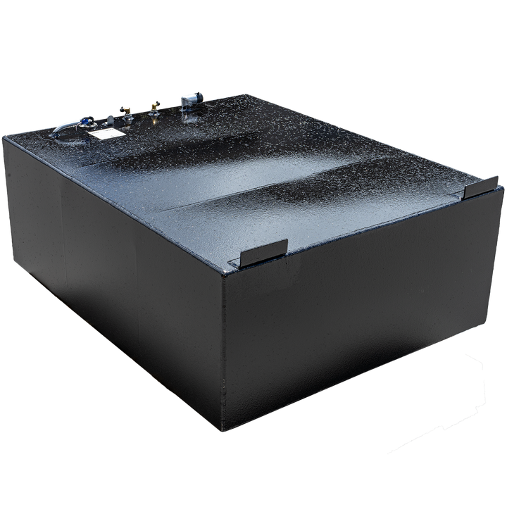 A black, rectangular fuel tank with a textured surface, featuring various fittings on its top, including what appears to be a hose connection, and two flat mounting brackets on opposite edges of the top surface. The bottom corners of the tank are slightly beveled
