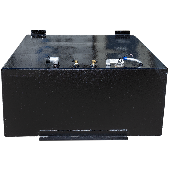 A black, rectangular fuel tank with a textured surface, featuring various metallic fittings and a small hose connection on its top. Two flat mounting brackets are visible on the top edge, and a horizontal, raised strip is present along the bottom front of the tank