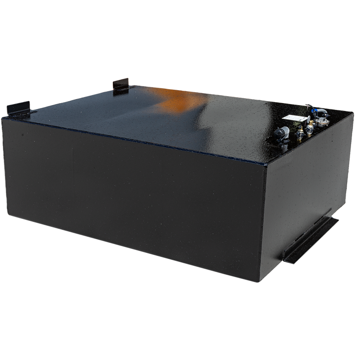 A black, rectangular fuel tank with a slightly textured surface, featuring various metallic fittings and a small hose on its top. Two flat, black mounting brackets are visible on the top edge, and a horizontal, raised bracket runs along the lower front of the tank