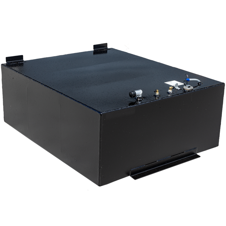 A black, rectangular 200-gallon OEM replacement fuel tank for a Stamas Liberty 288 Walkaround 1992 boat. The tank has various fittings and connections on its top surface, and a small bracket is visible on its side