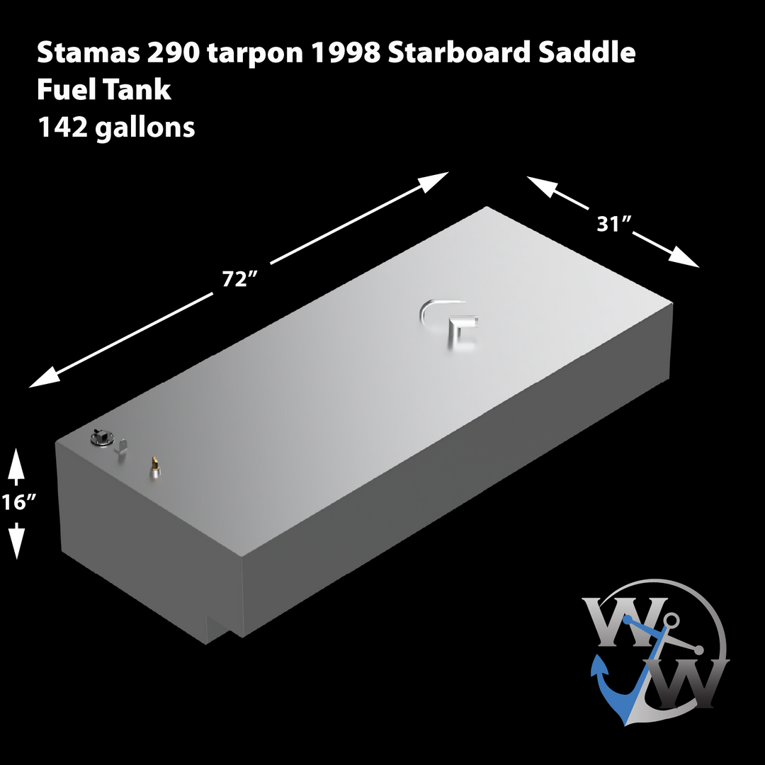 A silver rectangular fuel tank with dimensions 72 inches by 31 inches by 16 inches, and a capacity of 142 gallons. It is identified as a starboard saddle fuel tank for a Stamas 290 Tarpon 1998