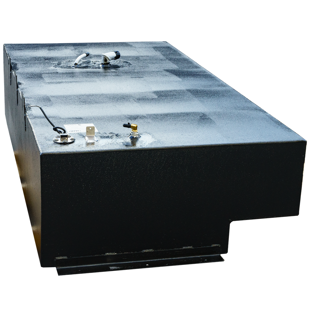 A rectangular black fuel tank with a textured surface, a stepped bottom, and various fuel system fittings on its top, including a fuel sender unit, against a checkered background