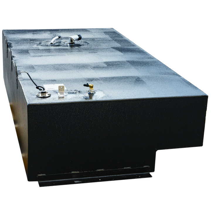 A rectangular black fuel tank with a textured surface, a stepped bottom, and various fuel system fittings on its top, including a fuel sender unit, against a checkered background